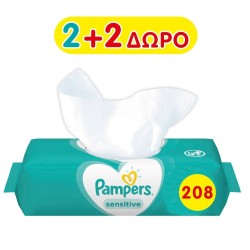 4 x Pampers Sensitive Wipes (2+2 ΔΩΡΟ) Μωρομάντηλα για το ευαίσθητο δερματάκι του μωρού, 4 x 52 τεμάχια